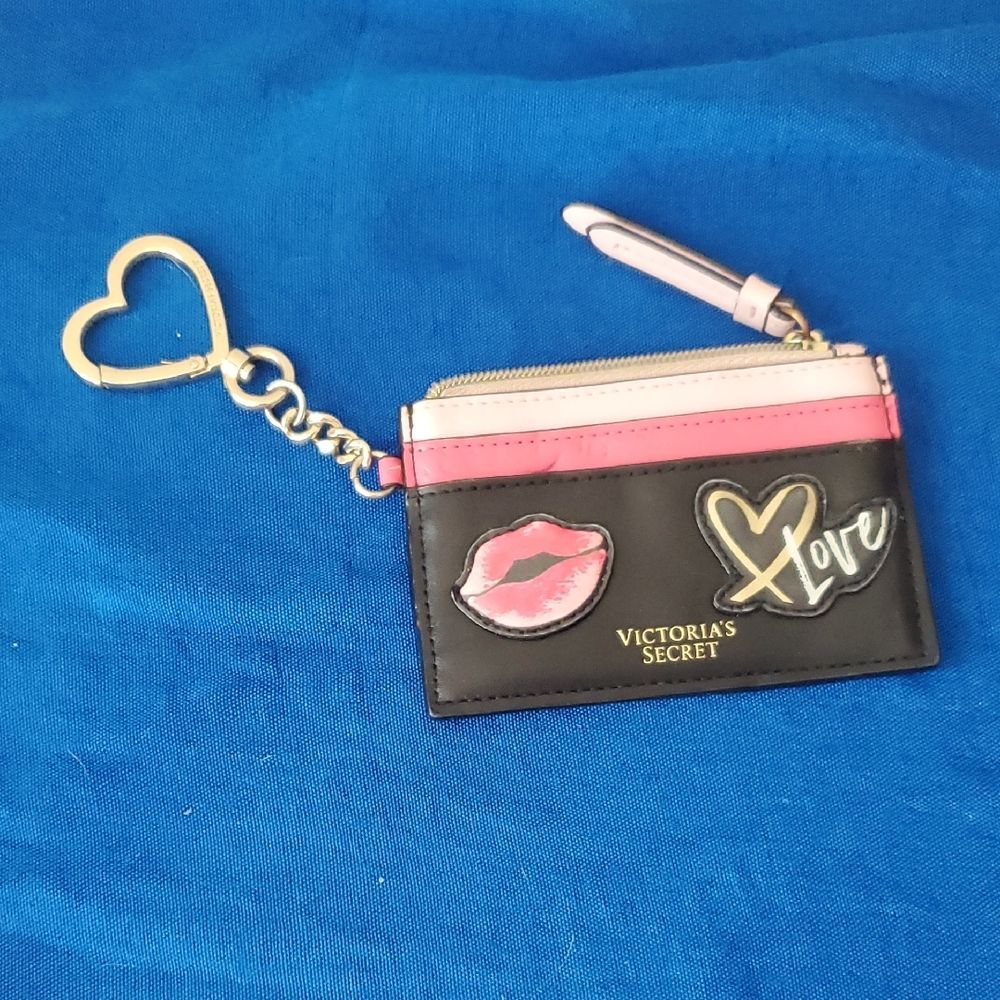 Victoria's Secret Black Pink Love Lips Card Holder Zipper Keychain Wallet